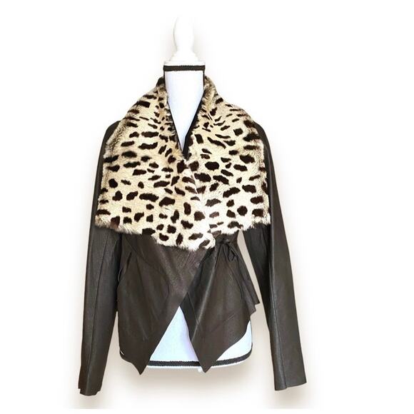 Y2k illia Cropped Black Leather Jacket Leopard Print Rabbit Fur Collar Sz 4/XS - Picture 4 of 12
